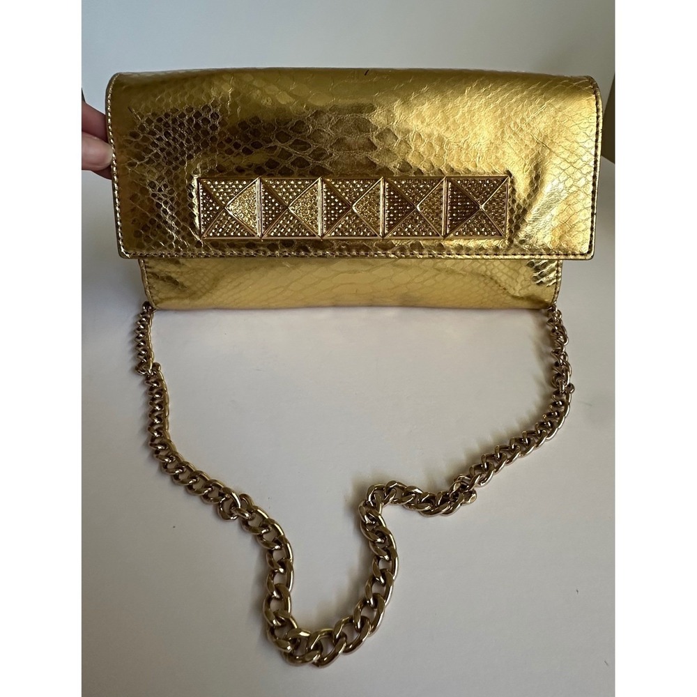 Michael Kors Gold Snakeskin Python Embossed‎ Studded Clutch Bag Small READ